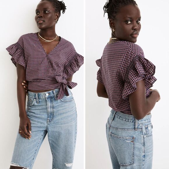 NEW Madewell Flutter-Sleeve Side-Tie‎ Wrap Top in Plaid, S - Picture 2 of 14